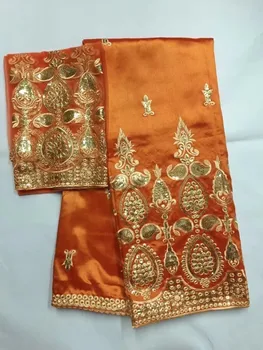 Африканская Нигерийская кружевная ткань George С блузкой, Оранжевая вышитая шелковая ткань George с 2 ярдами чистого кружева для африканской свадьбы