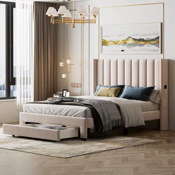 Бежевая кровать для хранения, обитая бархатом кровать на платформе с большим ящиком - мебель для спальни размера 