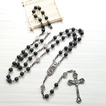 Ожерелье из Четок из Черного Вулканического камня, Винтажный Кулон с Крестом Святого Бенедикта, Длинные Католические украшения