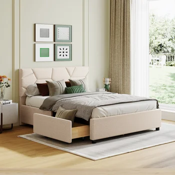 Полноразмерная кровать на платформе с мягкой обивкой, элегантная кровать с изголовьем в кирпичном стиле и 4 выдвижными ящиками, подходит для молодежной спальни для взрослых